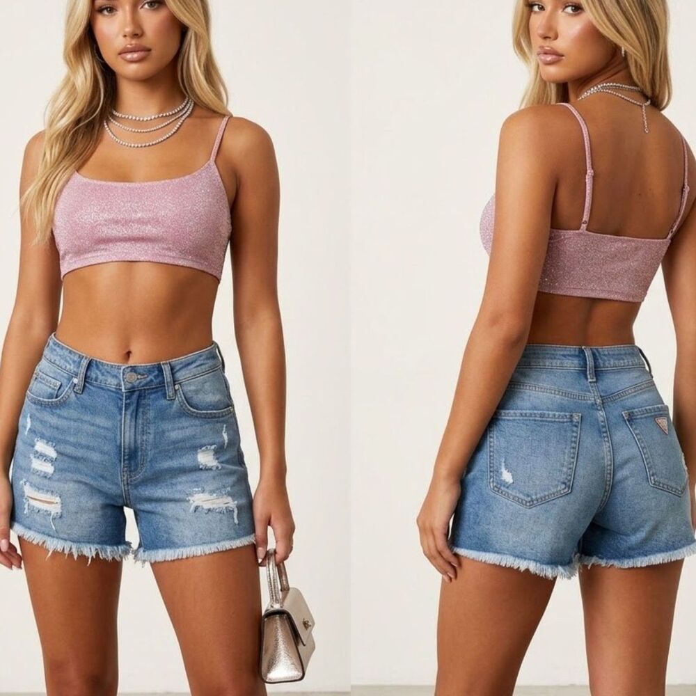 Guess Y2K Distressed Raw Hem Medium Wash Denim Jean Shorts SZ 30 - Picture 2 of 12